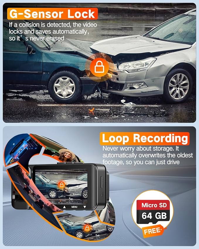 WECOOL 4K UHD 3 Channel Dash Cam Front and Rear Inside, Free 64GB Card Included, 360° Wide-Angle Full-View Dash Camera for Cars with Night Vision, 24H Parking Mode, G-Sensor, Loop Recording, 5GHz WiFi