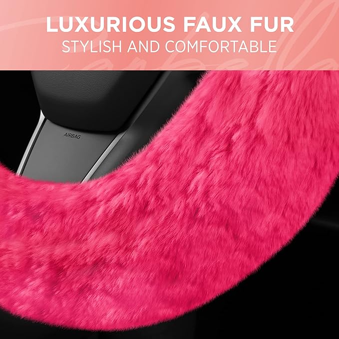 Carbella Aspen Hot Pink Fuzzy Steering Wheel Cover for Women ‚Äì Cute and Stylish Fluffy Fur Steering Wheel Cover for Cars Trucks Vans SUVs, Universal Fit for Wheel Sizes 14.5 to 15.5 inches