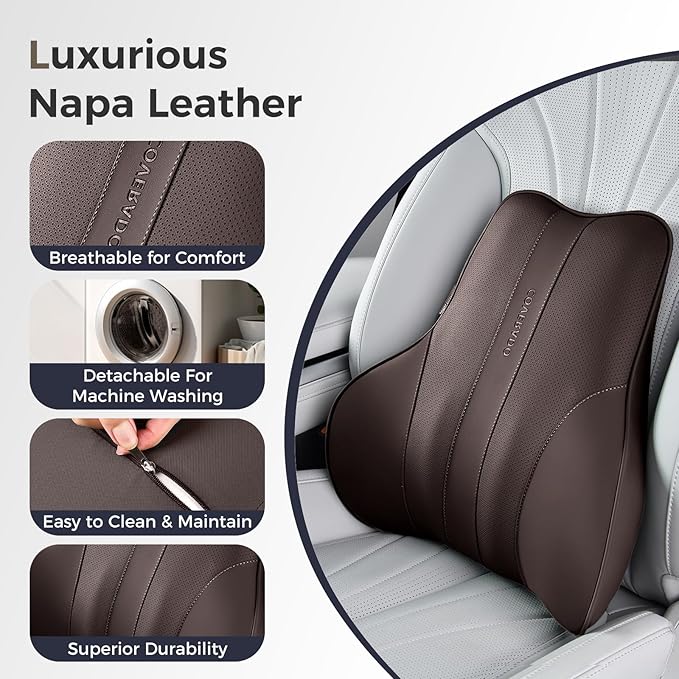Coverado Lumbar Support Pillow for Car, Ergonomic Memory Foam Back Pillow for Office Chair, New Back Cushion for Pain Relief, PU Leather Car Lumbar Support for Driving Seat