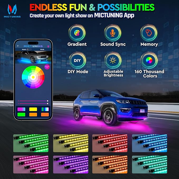 MICTUNING N8 RGBW Underglow Light Bars for SUVs, App/Remote Control, Aluminum Housing Waterproof, Exterior Neon Accent Underbody LED Light Strips, w/ 2pcs 9.8ft Extension Cords, 8PCS