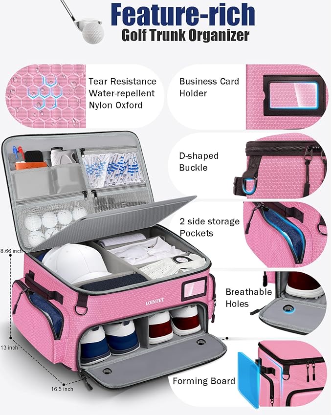 LOINTET Golf Trunk Organizer, Waterproof Car Golf Locker with Separate Ventilated Compartment for 2 Pair Shoes, Golf Storage for Balls, Tees, Cap, Clothes, Gloves, Accessories, Gifts for Men, Women