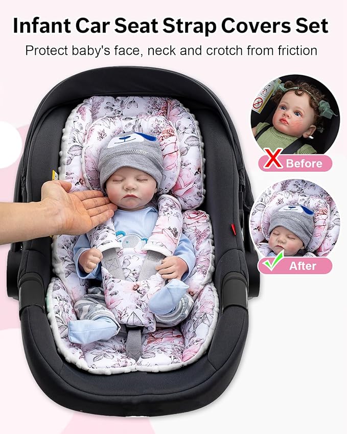Infant Car Seat Insert with Extra Headrest, Adjustable Carseat Head Support for Preemie to Toddler, 2 in 1 Breathable Air Mesh Car Seat Insert for Newborn, Mink Dot Baby Car Seat Cushion for Stroller