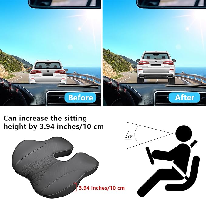 Leather Adult Booster Car Seat Cushion, Effectively Increase Height by 3.96 inch, Dense Memory Foam for Hip Tailbone Coccyx Sciatica Seat Cushion Donut Pillow Seat Cushion for Hemorrhoid (Black)