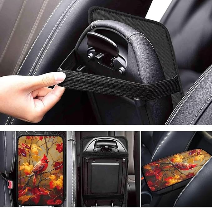 Suobstales Cardinal Maple Leaf Print Car Armrest Pad Soft Center Console Arm Rest Protector Cover Universal Car Interior Accessories Decoration