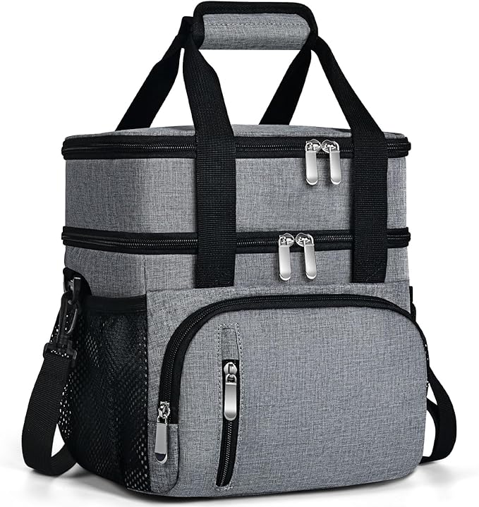 Insulated Lunch Bag for Men & Women, Double Leakproof Lunch Box Soft Cooler Tote with 5 Pockets, 600D Oxford, EVA Lining, Adjustable Strap for Work, Picnic, Beach&Travel-Grey
