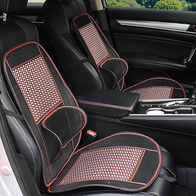 JSCARLIFE Breathable Car Seat Cushion, Summer Cooling Bamboo Single Seat Pad with 3D Lumbar Support - Airbag Compatible Driver Seat Mat for Long Drive Fatigue Relief