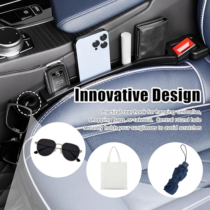 2PCS 2026 New Car Seat Gap Filler Organizer,in Between Car Seat Catcher with Phone Holder & Sunglass Holder & Cars Hook,Universal Cars Gap Seats Filler to Avoid Items Falling
