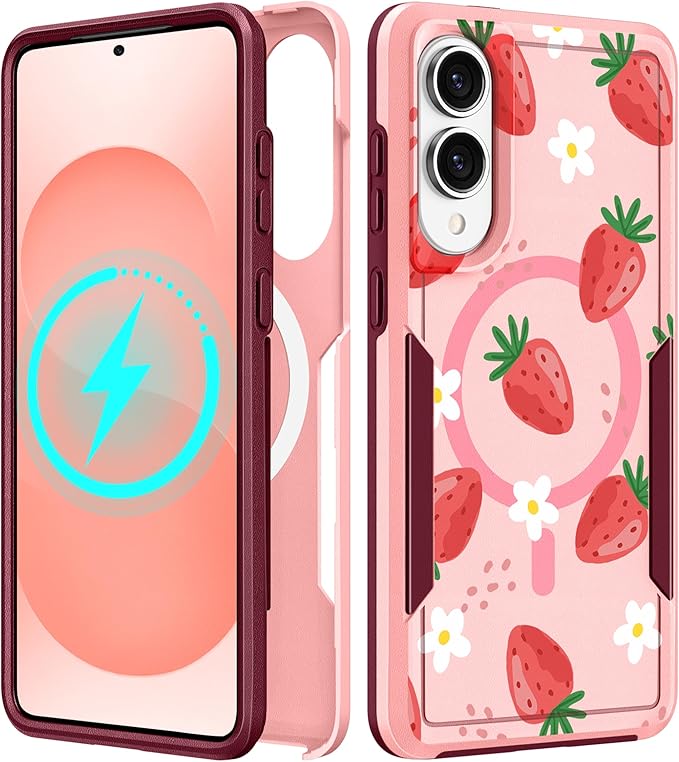 for Samsung Galaxy S25 Edge Case - Compatible with MagSafe Women Girls Cute Magnetic Protective Phone Cover Girly Kawaii Strawberry Heavy Duty Shockproof Design for Samsung S25 Edge Case