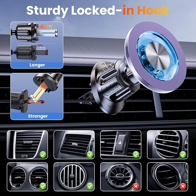 for MagSafe Car Mount Magnetic Phone Holder for Car [2026 Upgraded 22X Magnets & Double-Hooks] Phone Holders for Your Car Stand for Dashboard Vent GPS for iPhone 17/16/15/14/13 Android-Purple