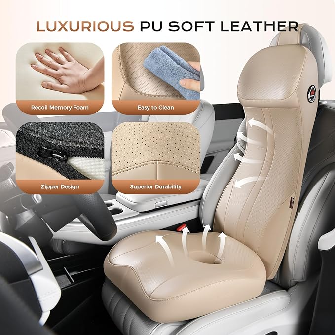 Coverado Car Seat Cushion and Integrated Neck Pillow Lumbar Support Kit, Ergonomic Lumbar Support Pillow for Car, Soft Leather Memory Foam Car Seat Cushion for Sciatica & Back Pain Relief, Beige