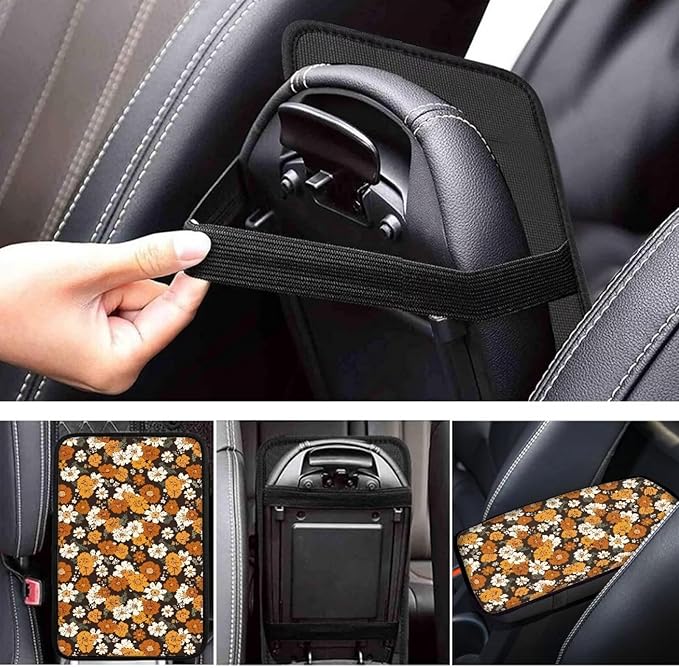 JoyLamoria Hippie Floral Car Armrest Cushion Cover Center Console Box Pad Car Accessories Easy Install