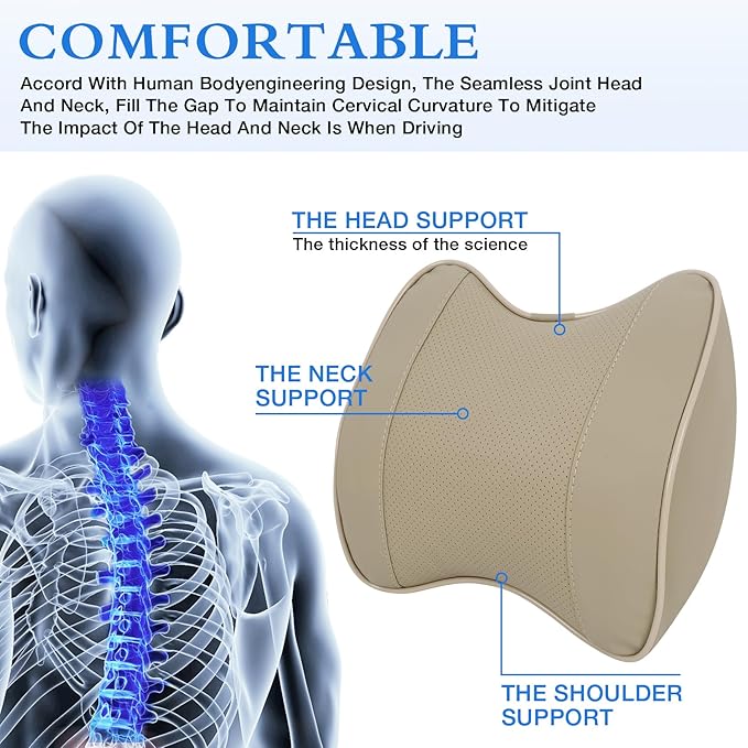2 Pack Car Neck Pillow, Softness Leather Car Headrest Pillow, 100% Memory Foam and Breathable Removable Cover, Neck Support Head Pillow for Ergonomic Design (Beige)