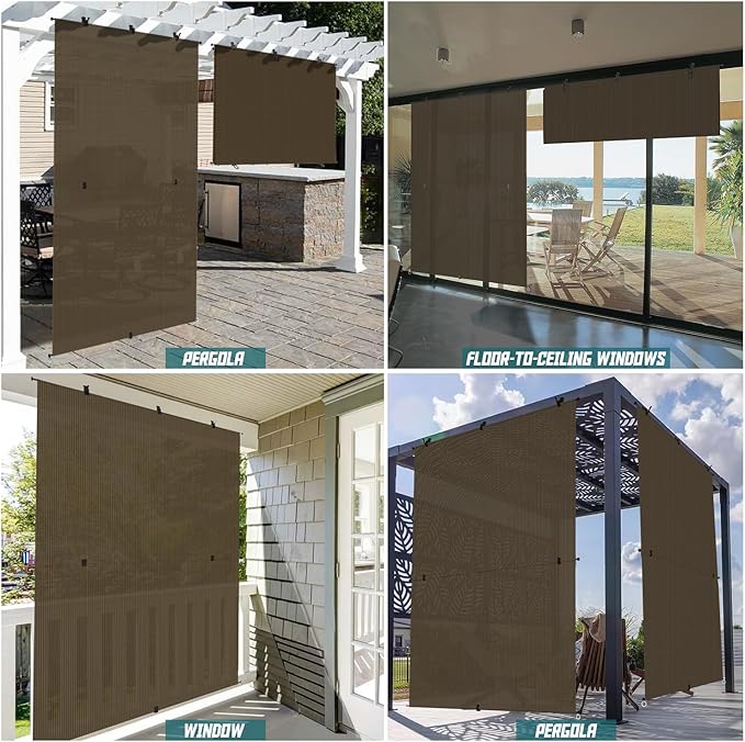 Bynbbur 5'W x 15'H Outdoor Patio Shades Foldable Roller Blinds, 220 GSM Sun Shade Roll Up Porch Screens Exterior Shade Cloth for Deck Pergola Backyard, Brown