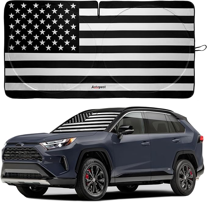 Windshield Sun Shade - American Flag Design, High-Resolution Sun Visor for Car, Truck, SUV with Mirror Cut-Out for Interior Sun Protection, Foldable Car Sun Shade (Black and White, Medium)