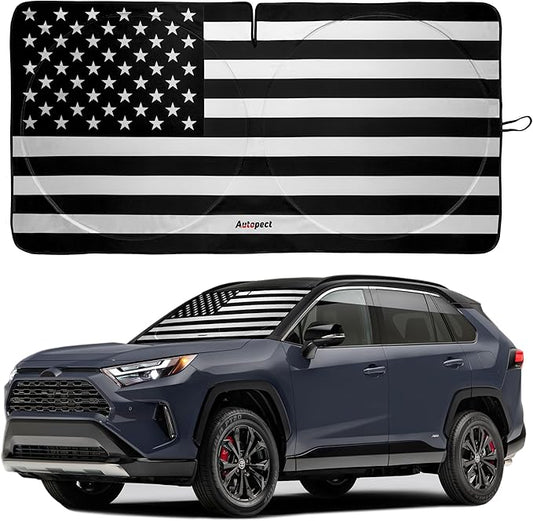 Windshield Sun Shade - American Flag Design, High-Resolution Sun Visor for Car, Truck, SUV with Mirror Cut-Out for Interior Sun Protection, Foldable Car Sun Shade (Black and White, Medium)