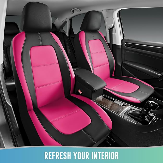Road Comforts Car Seat Cover, Leather Car Seat Covers, Front Low Back Sport Seat Covers, Airbag Compatible, Universal Fits for Most Cars (Hot Pink