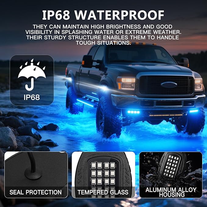 4 Pods Segmented Alloy RGB LED Rock Lights for ATV UTV Golf Cart SXS Trucks Offroad Car, Waterproof Impact Resistant Metal Underglow Kit with APP RF Control Sync Music Multicolor Neon Underbody Light
