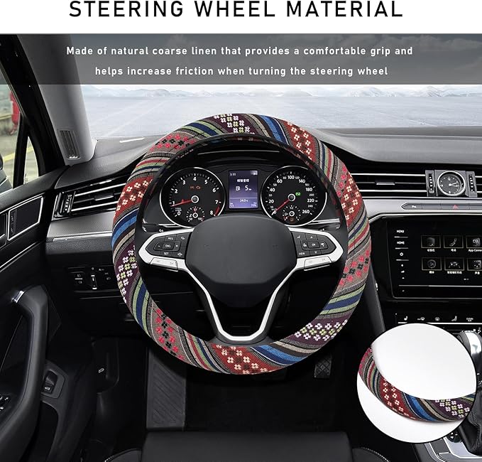Boho Steering Wheel Cover, 15.0"×15.0" Anti-Slip Baja Blanket Ethnic Steering Wheel Protector, Breathable Flax Cloth Elastic Bohemian Steering Wheel Cover, Car Accessories (Style F)