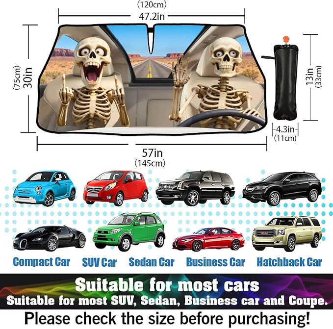 CHILL·TEK Funny Animal Car Windshield Sun Shade Umbrella, Funny Skull Car Sun Shade Umbrella, Block UV Rays Heat Foldable Windshield Umbrella Sun Visor Protector - Keep Vehicle Cool for Cars SUV