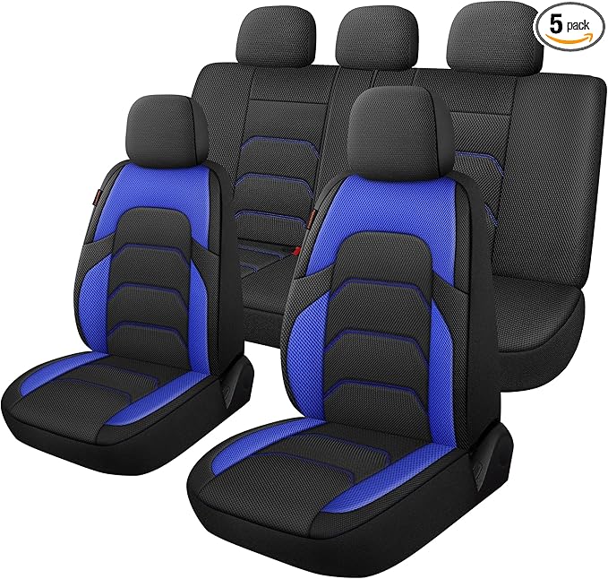 CAROMOP 3D Air Mesh Car Seat Covers Full Set,Breathable and Durable Seat Covers for Cars,Split Bench Compatible,Universal Fit for SUV,Vans,sedans, Trucks, Automotive Interior Covers(5-Seat Black/Blue)