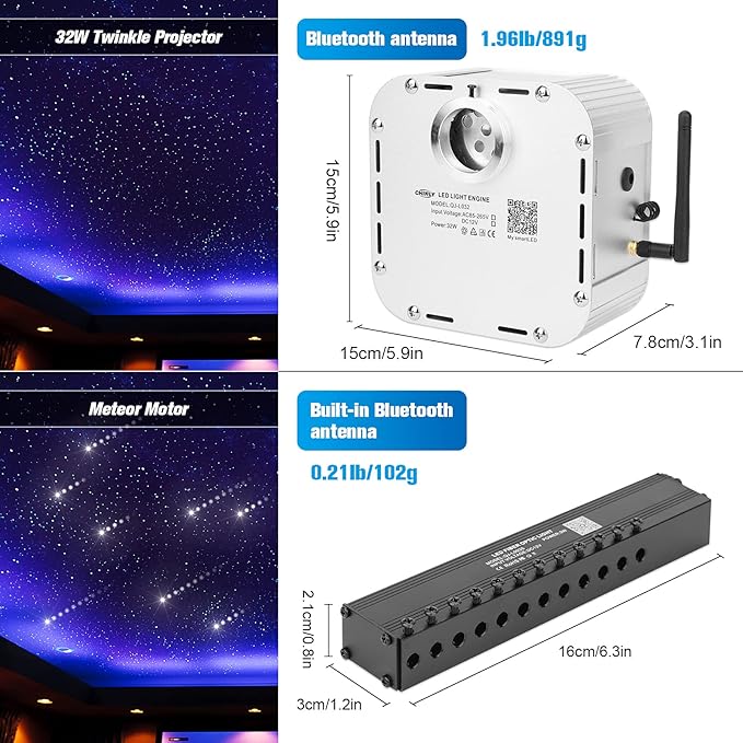 CHINLY 32W Meteor Twinkle 800pcs 13.1ft 0.03in Star Headliner Fiber Optic Lights kit+Shooting Stars Light kit,Music Mode Bluetooth APP Control Remote,RGBW Star Lights for Headliner/Ceiling/Theater