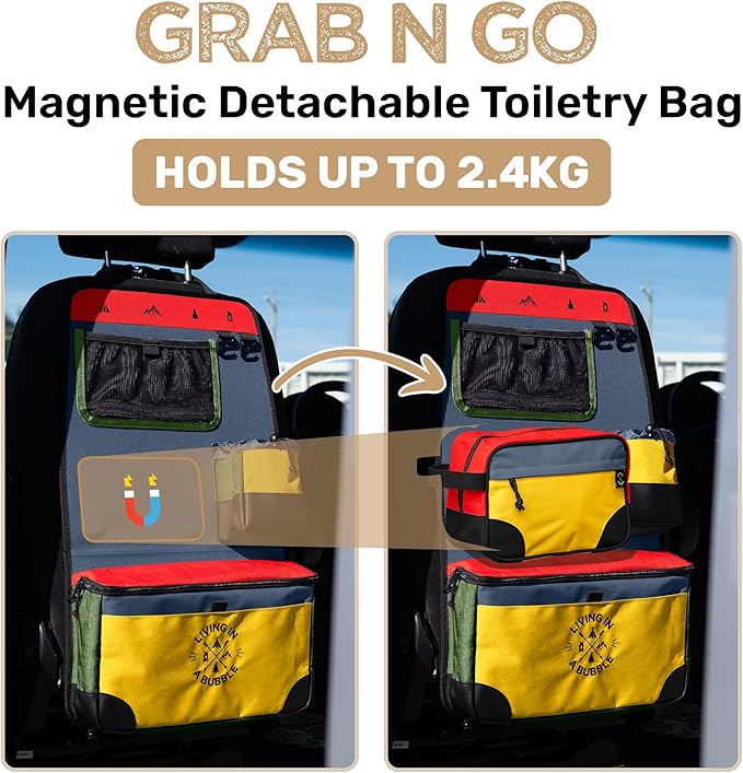 Living in a Bubble Seat back Organizer – Magnetic Toiletry and Cooler Pouch, Cordura Car Backseat Storage with Device Holder & Hooks, Multi-Compartment Utility Bag for Campervans & Family Travel