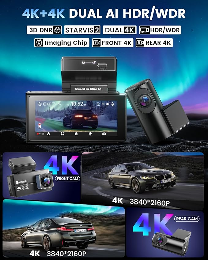 4K+4K Dash Cam Front and Rear, Sarmert C4 Dash Cam Free 128GB Card Included, Built-in GPS and 5G WiFi, HDR Night Vision, WDR Dash Camera for Cars, App, 24H Parking Mode
