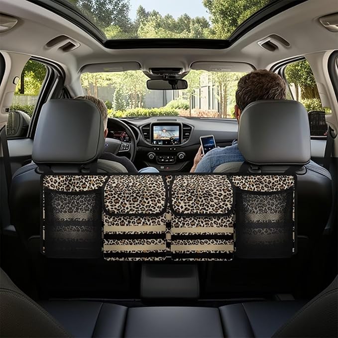 Hanging Backseat Trunk Organizer for Car Brown Leopard Print Car Storage Organizer Multipurpose Cargo Bag with 3 Adjustable Buckles