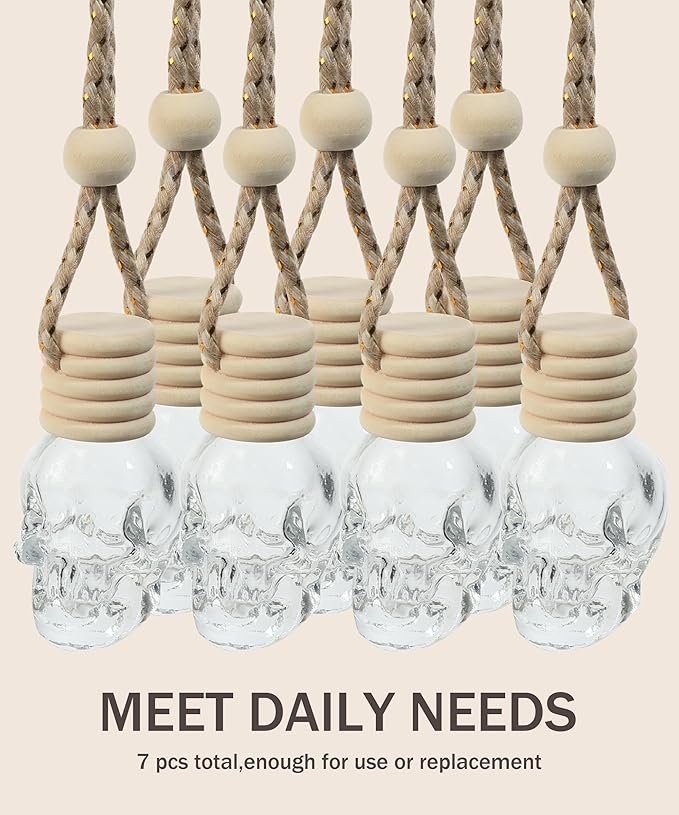 bylikeho 7PCS Car Diffuser Bottle,Automotive Use Car Diffuser Car Hanging Glass Bottle,Car Accessories Car Decor Car Hanging Diffuser,Skull Glass Bottle Hanging Diffuser Bottle for Cars