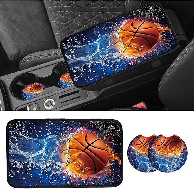 Car Armrest Cover Pads Universal Fashion Cute Auto Center Console Armrest Cover Pad with 2PCS Car Coasters Soft Waterproof Car Armrest Seat Protector for Women, Basketball