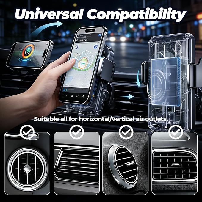 2026 New Cool Car Wireless Fast Charging Holder, Motorized 90° Rotating Phone Mount Charger with Auto-Clamping, 15W Wireless Car Charger for Smartphones, Smart Sensor Air Vent Accessories