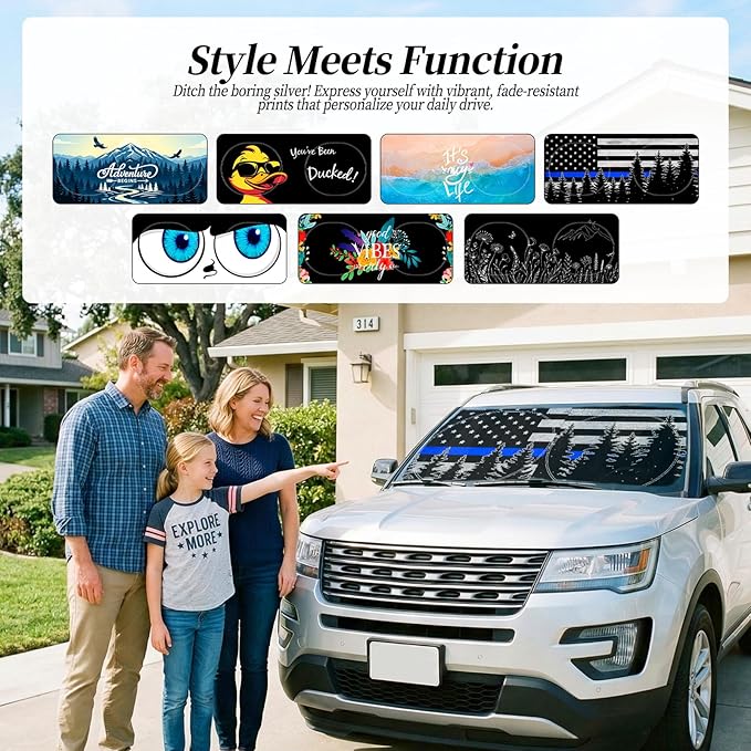 63"x28.5" Car Windshield Sun Shade with Storage Pouch, Stylish Printed Front Window Sunshade with Double Ring Frame, Universal Fit Foldable Heat Blocker & UV Protector for SUV, Sedan (Blue Line Flag)