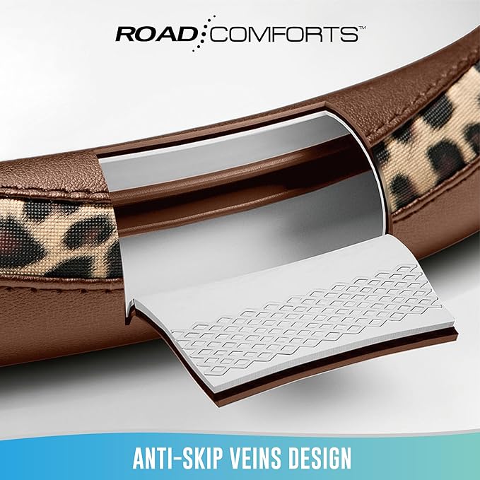 Road Comforts Steering Wheel Cover - Made with PVC Leather and Leopard Fabric - Universal 14 1/2 inches to 15 inches for Most Automotive Steering Wheel - Cheetah Print - Brown