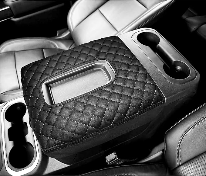 Center Console Cover for Chevy Silverado/GMC Sierra Accessories 2019-2026, Tahoe & Suburban & Yukon 2021-2026 Armrest Cover Middle Console Leather Protector Pad (Bucket Seat Consoles)(Black Stitches)