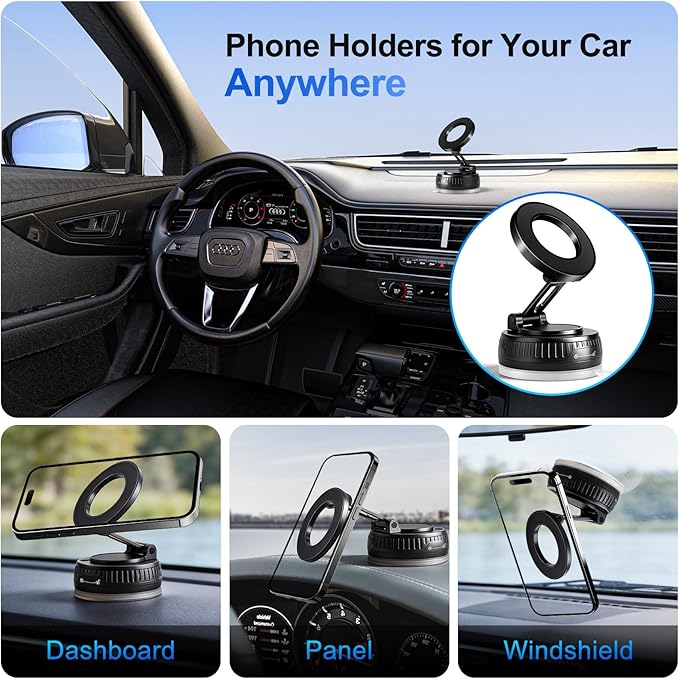 Magnetic Phone Holder for Car, Vacuum Suction Phone Mount Magnet Cell Phone Holder, 360° Rotation Foldable Windshield Dashboard Phone Holder Car Mount, Compatible with Magsafe iPhone & All Smartphones