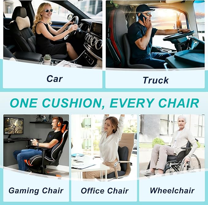 Seat Cushion for Office Chair and Car, Lumbar Support Pillow for Office Chair, Memory Foam Ergonomic Seat Cushion for Long Sitting, Back & Tailbone Pain, Sciatica - Dark Gray