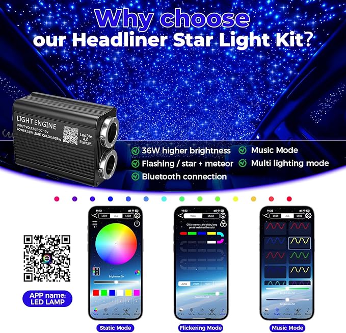36W Headliner Light Kit, Twinkle Star Lights for Car Decor 1000pcs*0.03in*9.8ft/3m, Fiber Optic Star Ceiling Lights APP/Remote Control for Car Roof Home Ceiling