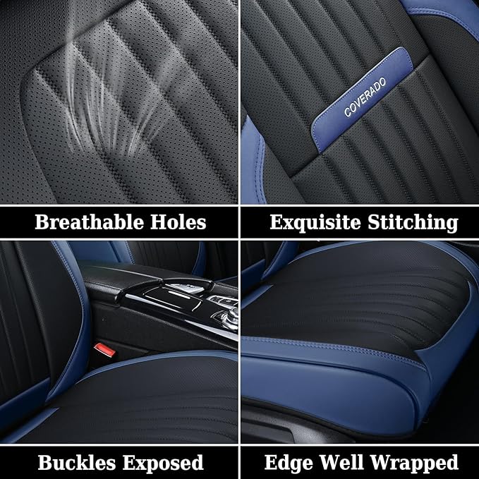 Coverado Car Seat Covers Full Set, Nappa Leather Seat Covers for Cars, Car Seat Cushion Car Seat Protector, Front and Back Seat Protectors Cushions Universal Fit for Most Cars Vehicles(Blue&Black)