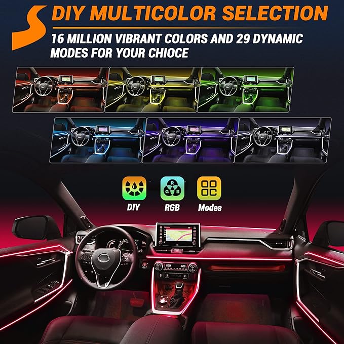 Interior Car LED Strip Lights 470 inches Fiber Optic tubing USB Powered RGB 10 in 1 Car Neon with Wireless APP and Remote Control, Ambient Lighting Kits 16 Million Colors,Sync to Music