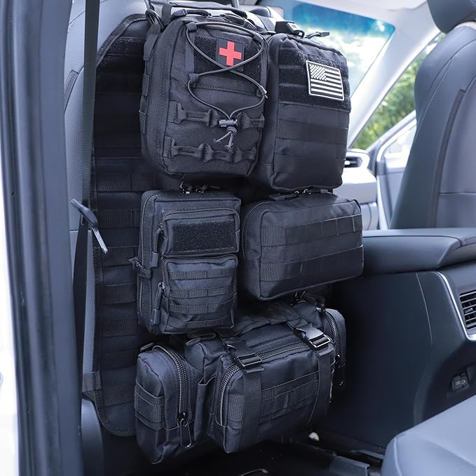 Universal Tactical Seat Back Organizer Vehicle Molle Panel Organizer Storage Bag with 5 Detachable Molle Pouch for All Vehicel Such as Jeep,Truck,SUV, Car, Ford,Chevy etc