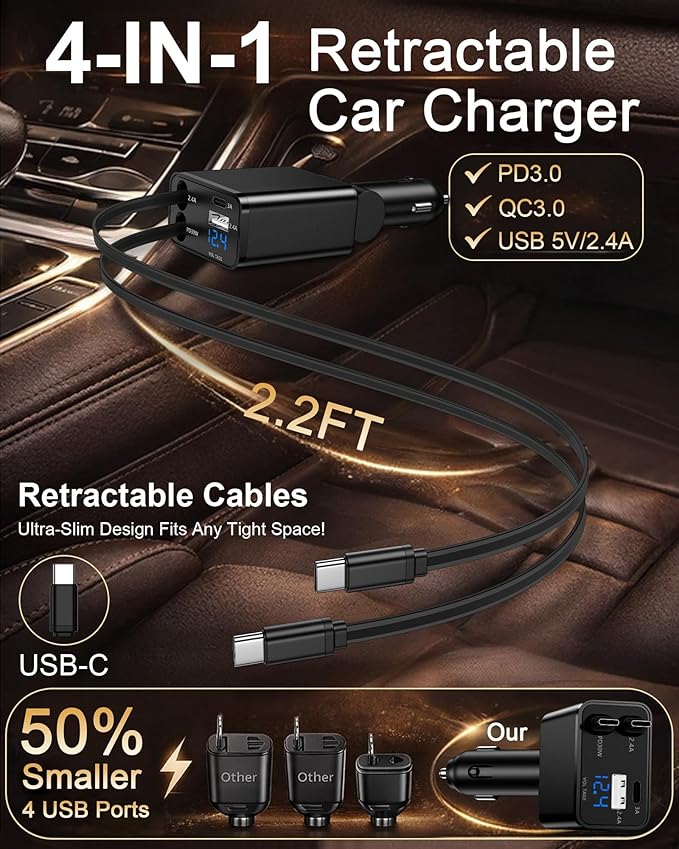 Retractable Car Phone Charger for Samsung S26 S25 Android, 4 in 1 Fast USB C Car Charging Adapter with 2 Flexible USB C Cable, USBC Cigarette Lighter Gift for Men Car Gadgets Electronics Accessories