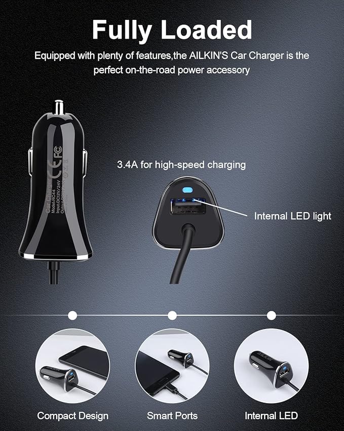 USB Type C Car Charger, 2Pack 3.4A/3ft USBC Car Charger Adapter TypeC Power Cable Line for iPhone 17e/17/16E/16/16 Pro/15 Pro Max Plus Samsung Galaxy A17 5G S26 S25 S24 Ultra A16 Google Pixel
