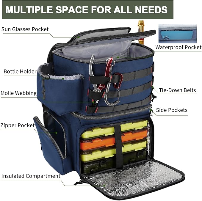 MATEIN Fishing Backpack, Water Resistant Tackle Storage Bag with Rod Holders & Cooler, Fishing Gifts for Men