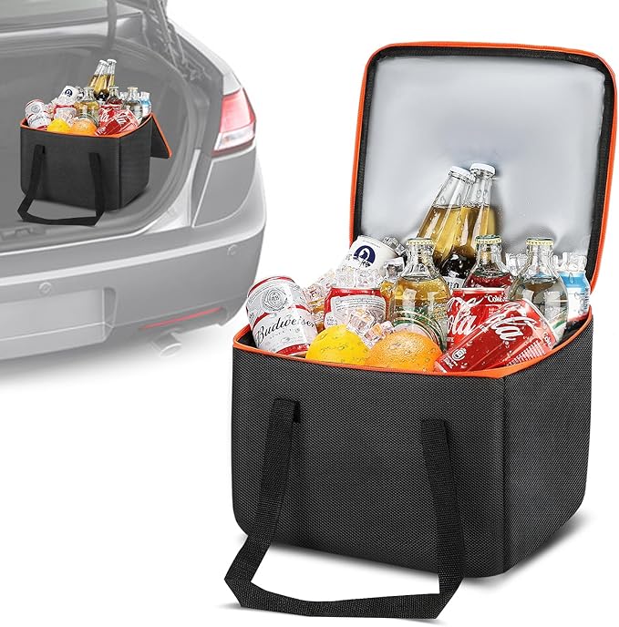 Portable Soft Cooler Bag, Collapsible Insulated Leak-Proof Car Cooler Bag, Insulated Ice Chest with Waterproof Zipper, Leak-Proof Organizer for Cars, Fits Most Vehicles, Orange