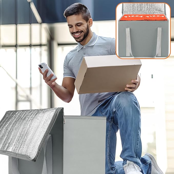 PEASUG 2 Pack Insulated Bags for Food Delivery, XL Pizza Delivery Bags, Large Capacity Cooler Bag Keep Food Warm for Grocery Shopping and Catering, Foldable, Heavy-Duty (Grey)