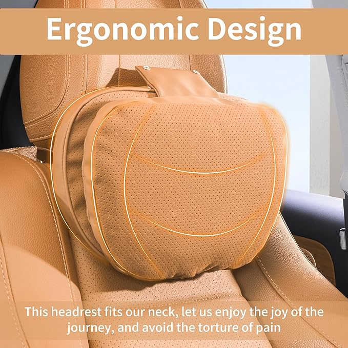 Car Headrest Pillow for Driving, Dual-Sided Leather Design Neck Pillow, Breathable Softness Neck Support, Universal Fit Head Rest Travel Pillow, Palomino Brown, 1 Pack