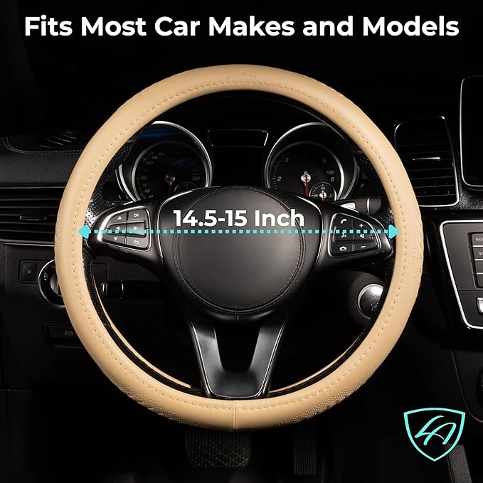 Lord Autofashion Steering Wheel Cover – PU Leather, Non-Slip Rubber Inner, All-Season Comfort – 14.5–15 Inch (Beige 9356)