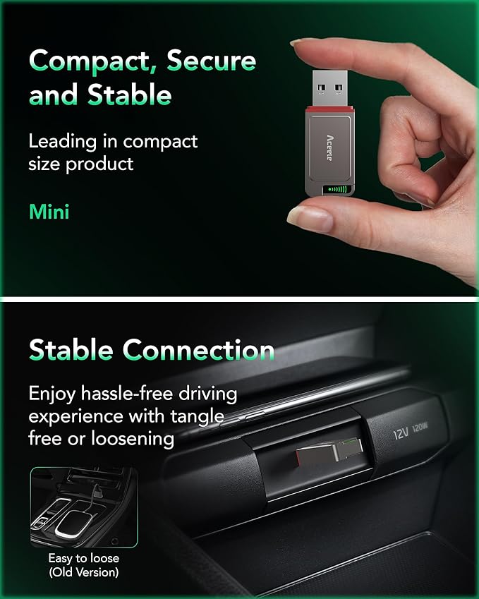 Aceele 2-in-1 Wireless CarPlay & Android Auto Adapter, 2025 Upgrade Apple CarPlay Dongle Converts Wired to Wireless, Mini Size with USB to USB-C Adapter, Auto-Reconnect‌, Stable Control & No Delay