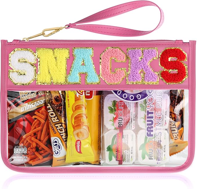 Snack Bag for Travel - Clear Chenille Varsity Letter Flat Pouch with Zipper, 12.2×8.46 inch Waterproof Clear Nylon Preppy Patch Makeup Cosmetic tote Bags for Women Girls