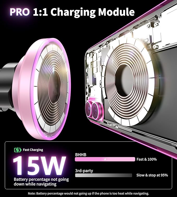 BHHB for Magsafe Car Mount Charger, [2026 Upgrade] 15W 2in1 Magnetic Wireless Car Charger, for Magsafe Car Charger, Vent/Dashboard Phone Holder, ONLY for iPhone 17 16 15 14 13 12 Series (Pink)